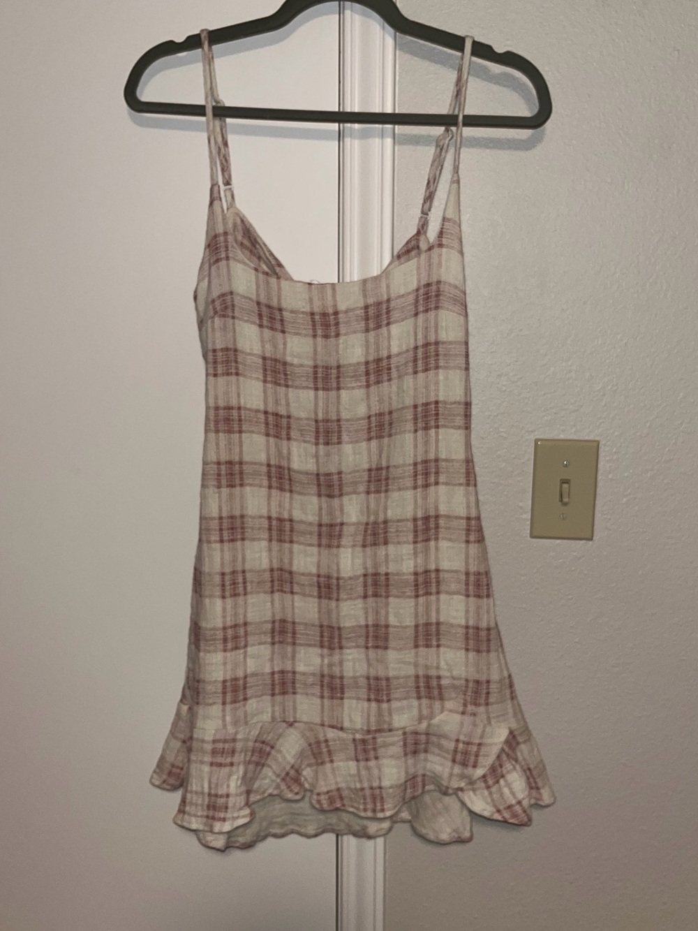 Olivaceous Plaid Mini Cotton Gauze Dress Pink Cottagecore Open Back M Ruffle Hem - Picture 6 of 11
